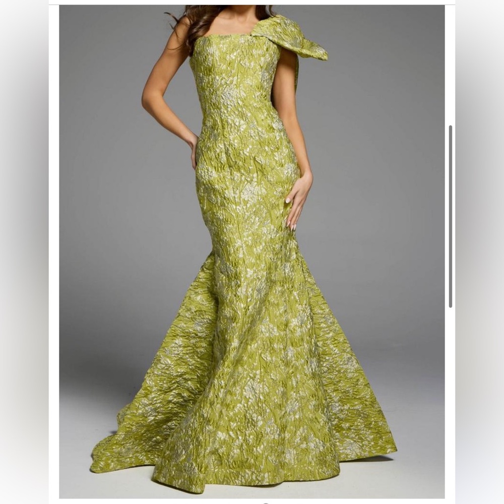 One Shoulder Bow Brocade Gown by Jovani (Green)